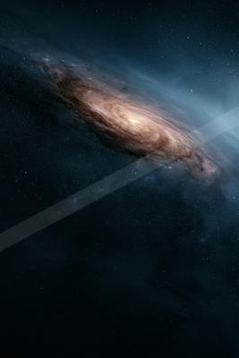A large spiral galaxy with a bright yellowish core and swirling brownish arms set against a dark cosmic background filled with countless stars.
