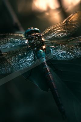 A black-toned moody photograph of dragonfly, damselfly, lacewing.