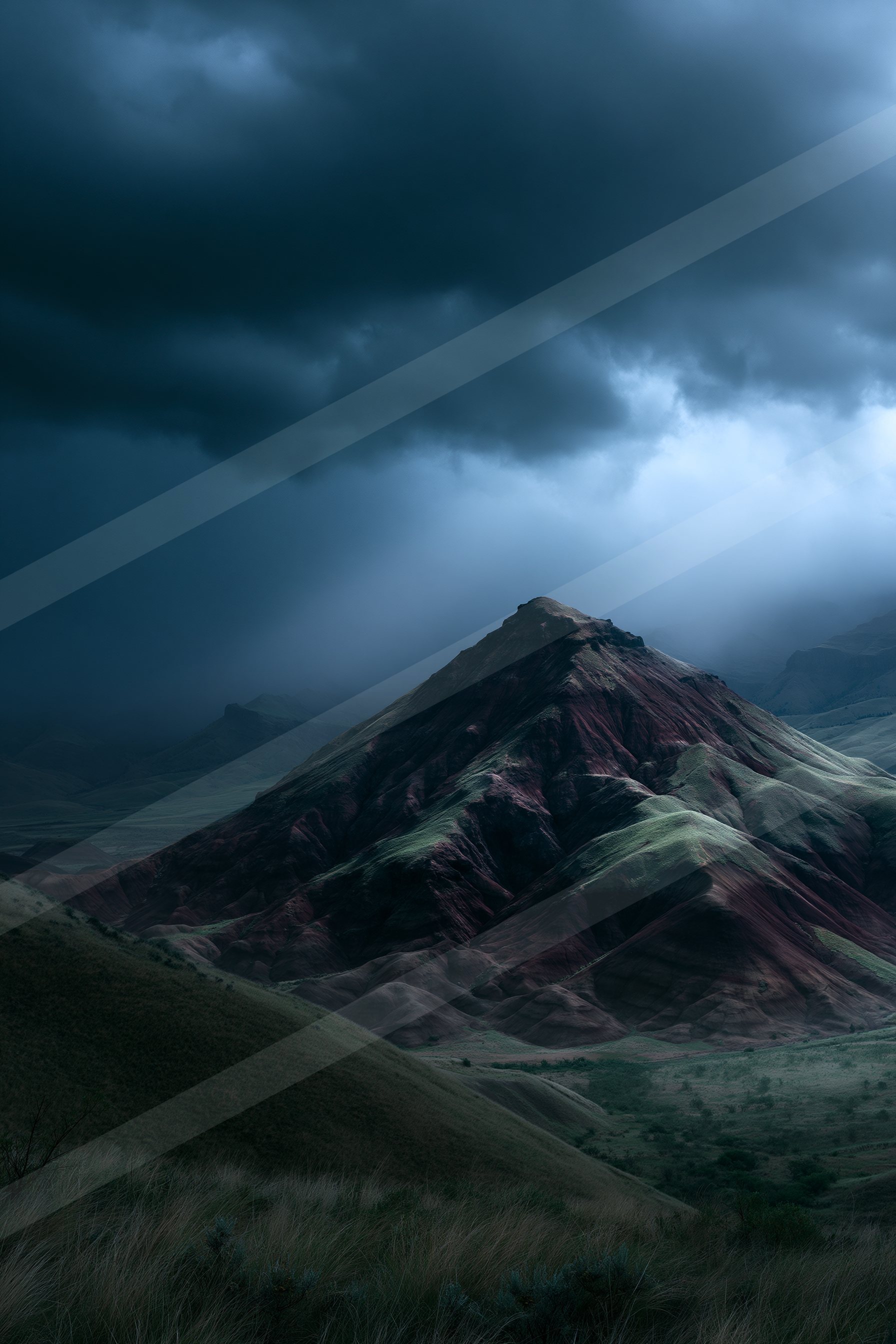A moody high contrast landscape of a volcano, dust.