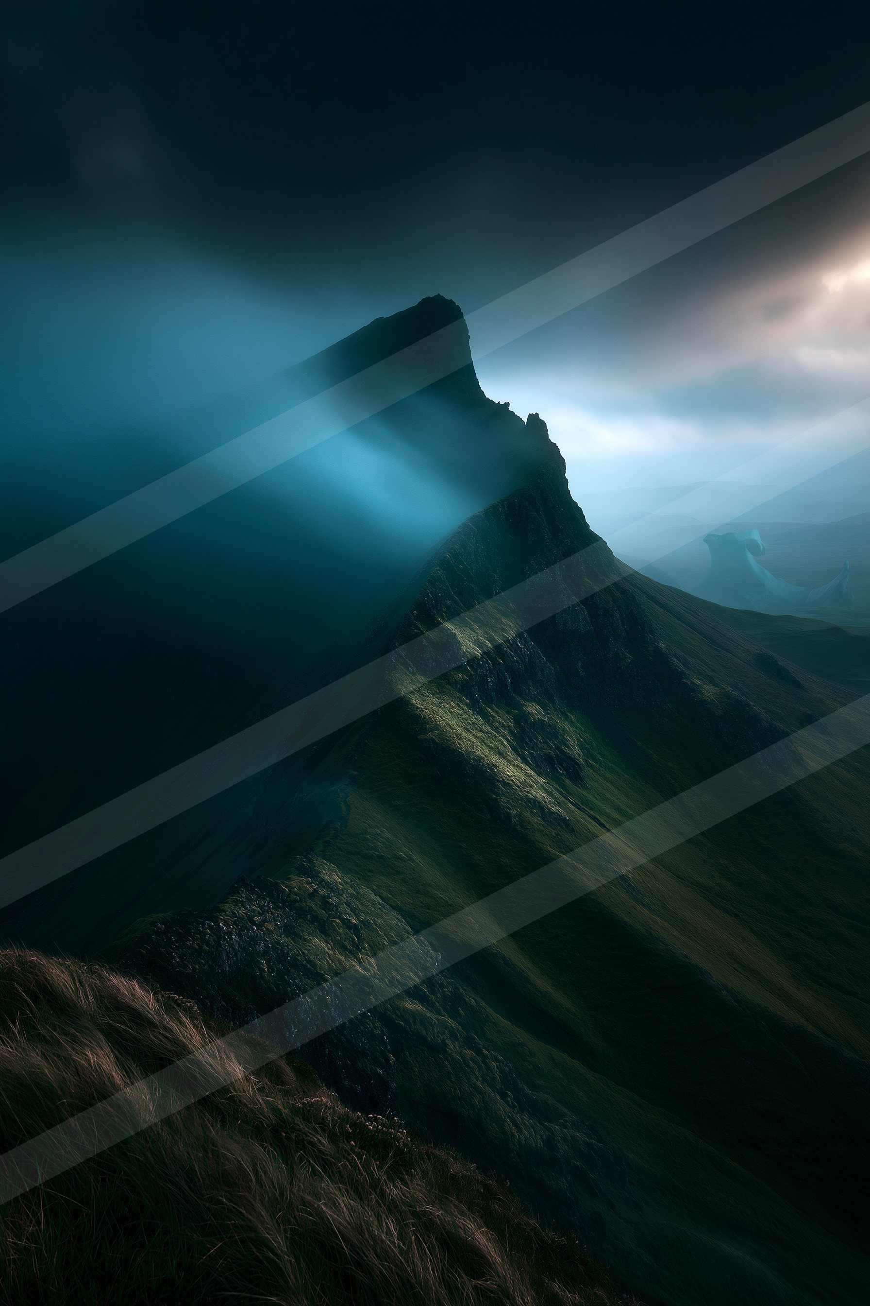 A dark mountain peak emerges from swirling mist under a twilight sky, illuminated by ethereal light.