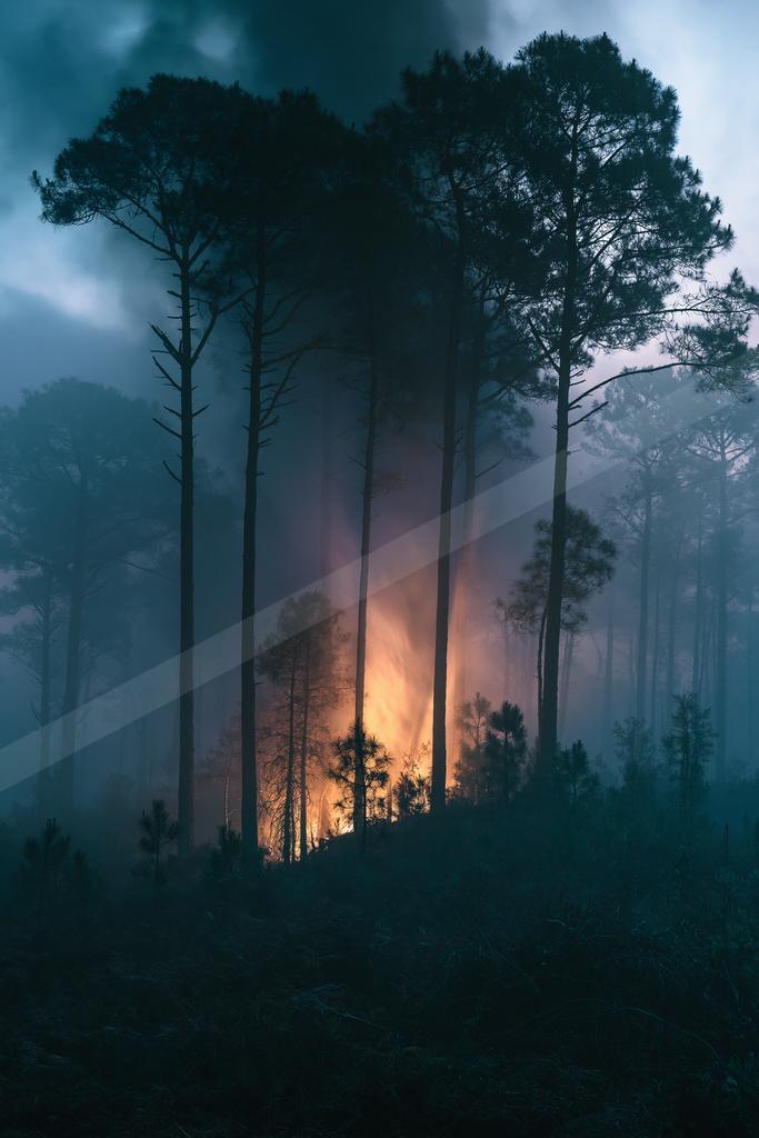 A dramatic nature scene of forest, fog.