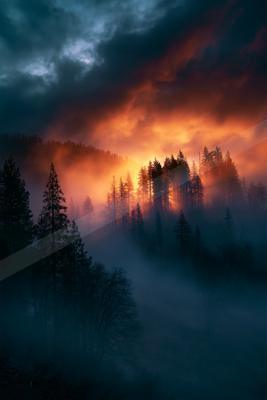 A dramatic high contrast sky scene of a sunrise, fog.
