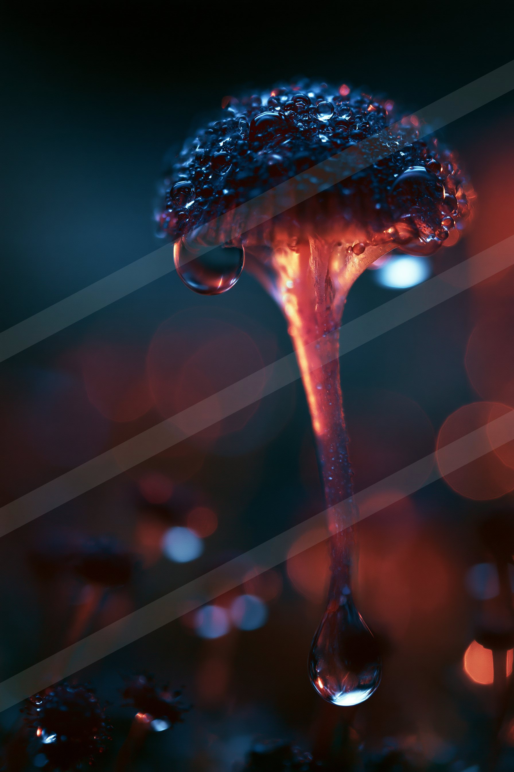 A close-up shot of a mushroom adorned with glistening water droplets, illuminated by warm red and blue lighting.