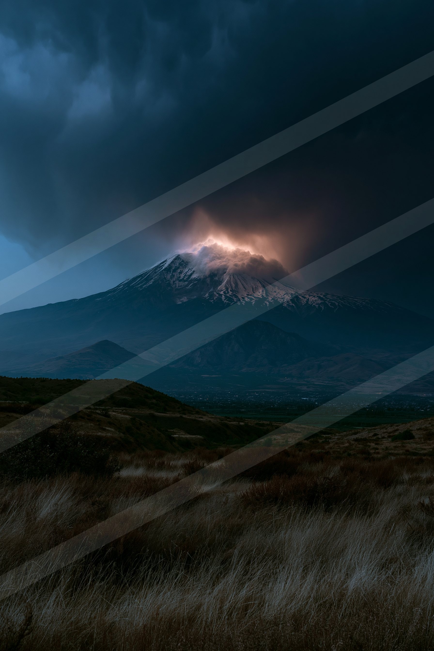 A moody landscape of a volcano, dust.