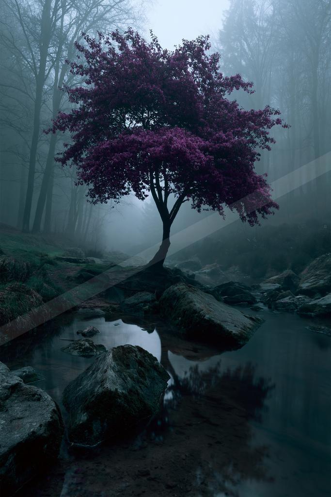 A lone tree with vibrant purple foliage stands on a rocky bank beside a calm stream in a foggy forest, its reflection visible in the water.