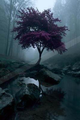 A lone tree with vibrant purple foliage stands on a rocky bank beside a calm stream in a foggy forest, its reflection visible in the water.