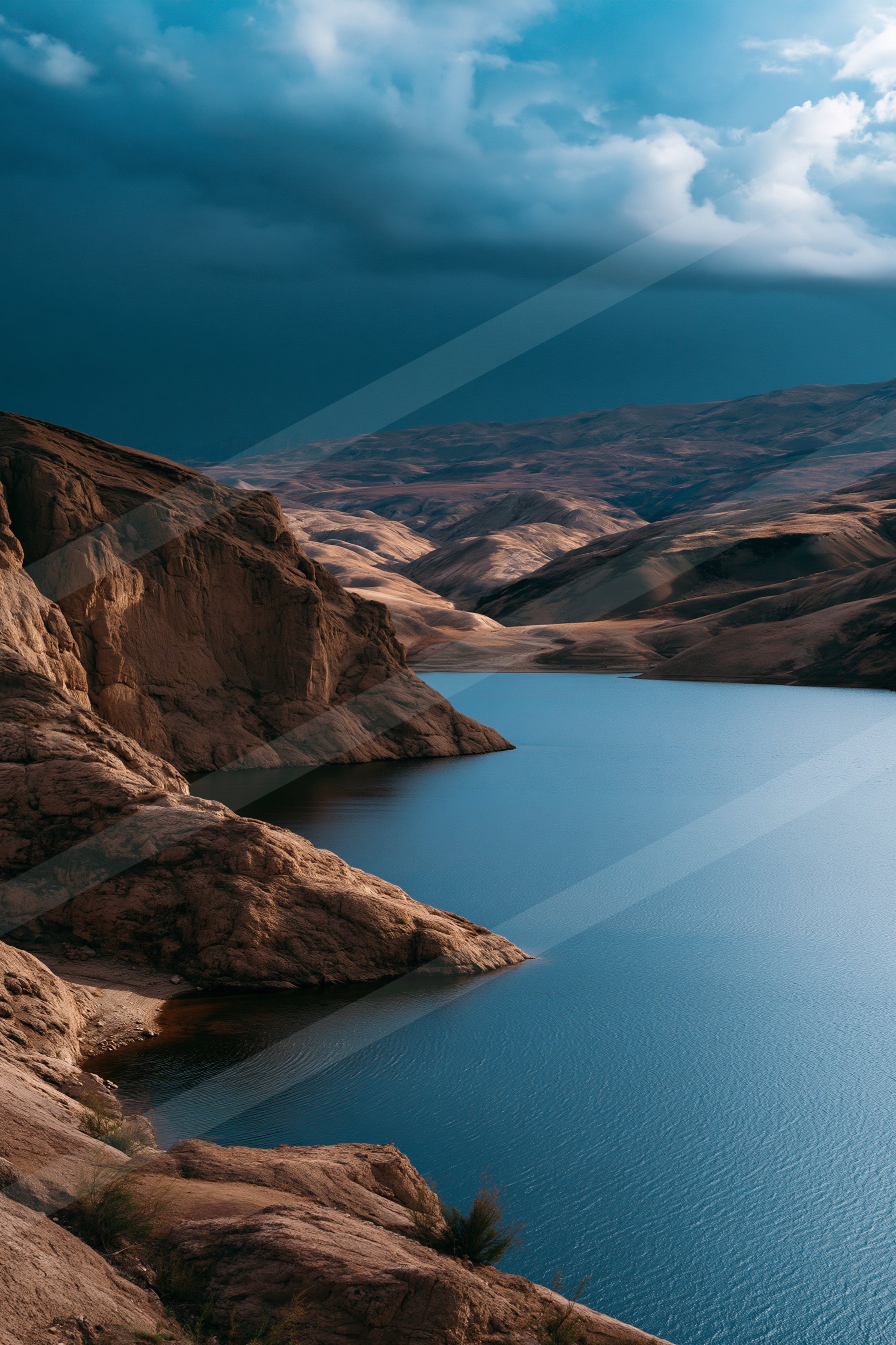 A serene desert lake surrounded by rugged cliffs under a moody twilight sky.