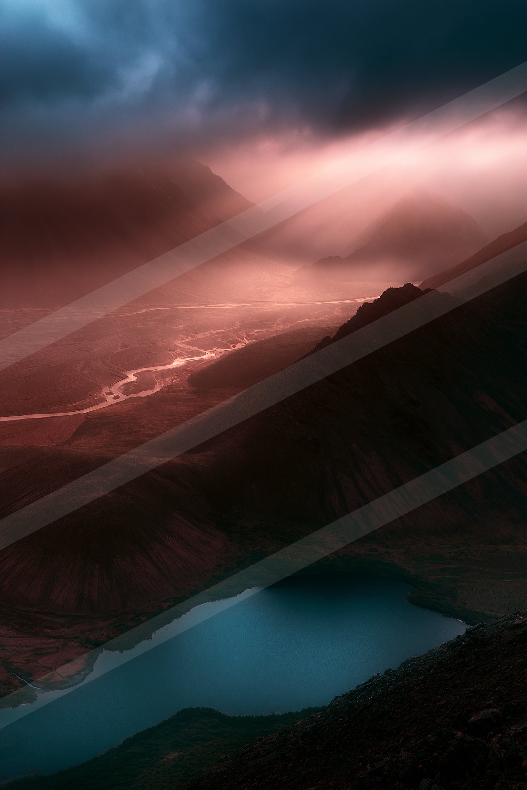 An ethereal panorama landscape of a volcano, fog.