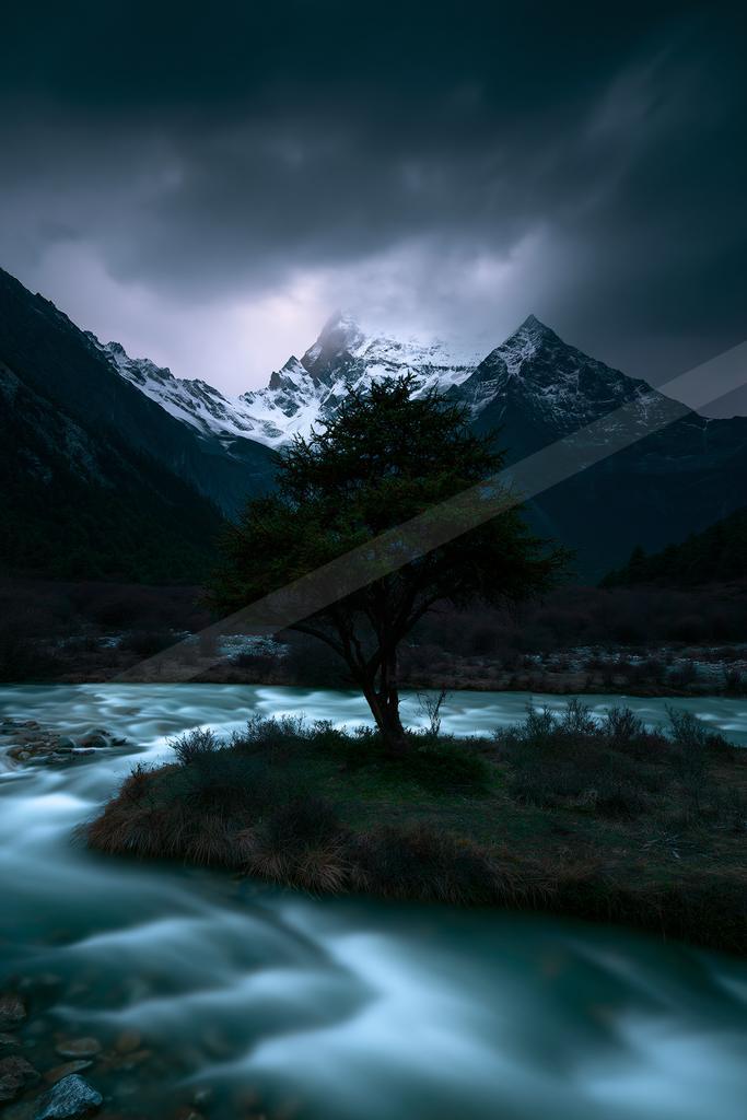 A night long exposure water scene of river, trees, valley.