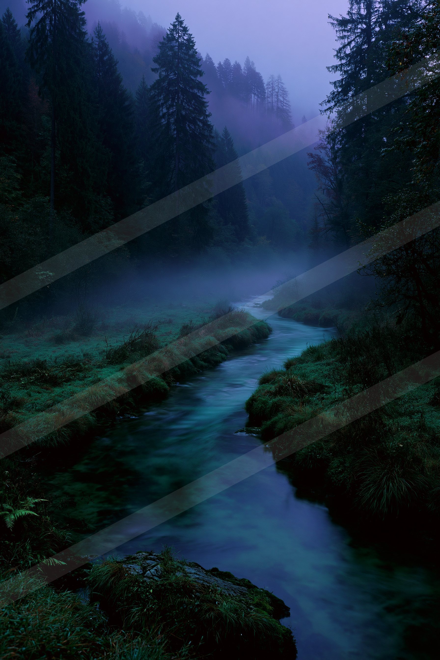 An ethereal water scene of a stream, fog.