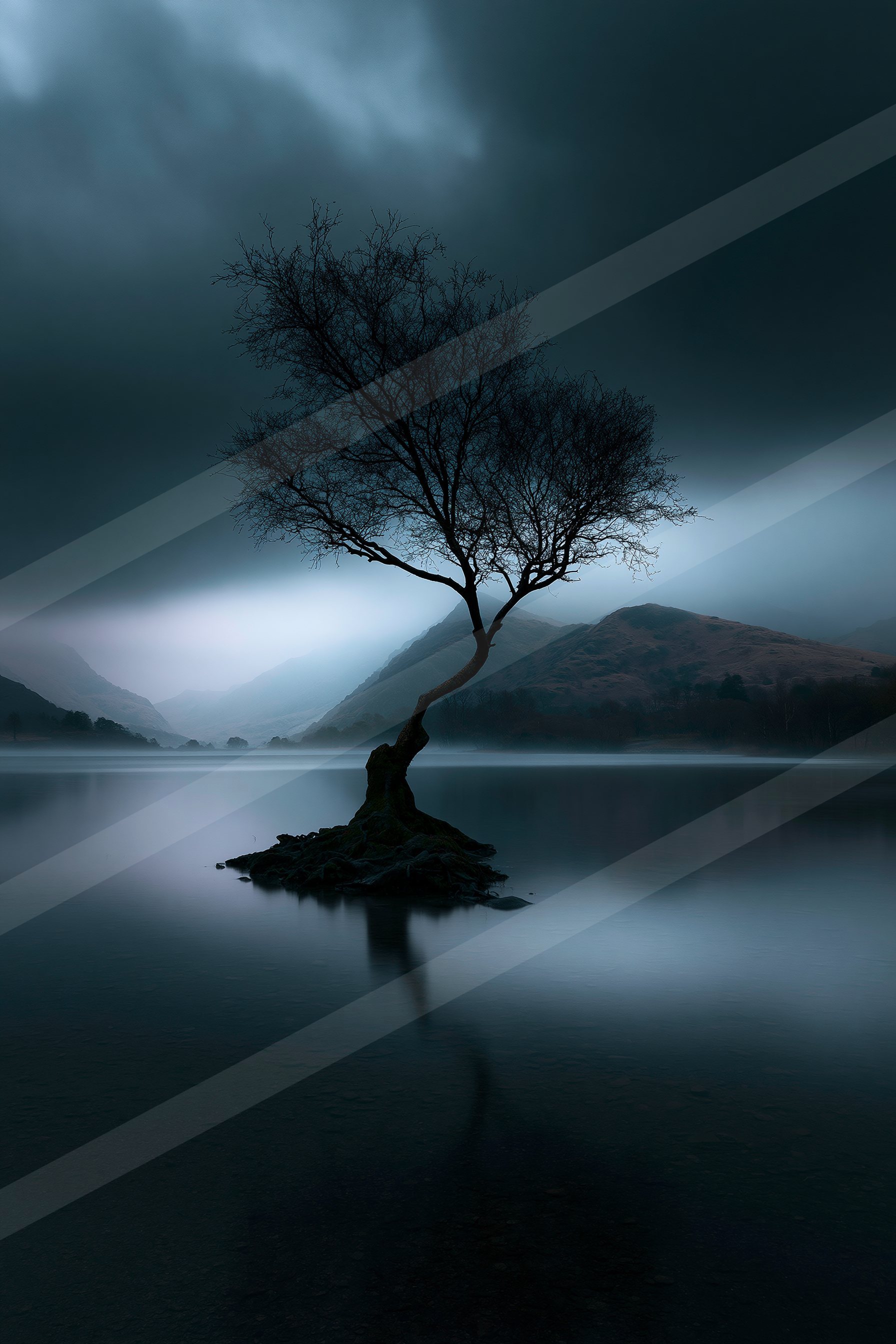 A lone tree stands starkly against a dark, misty backdrop of a calm lake and distant hills under an ominous sky.
