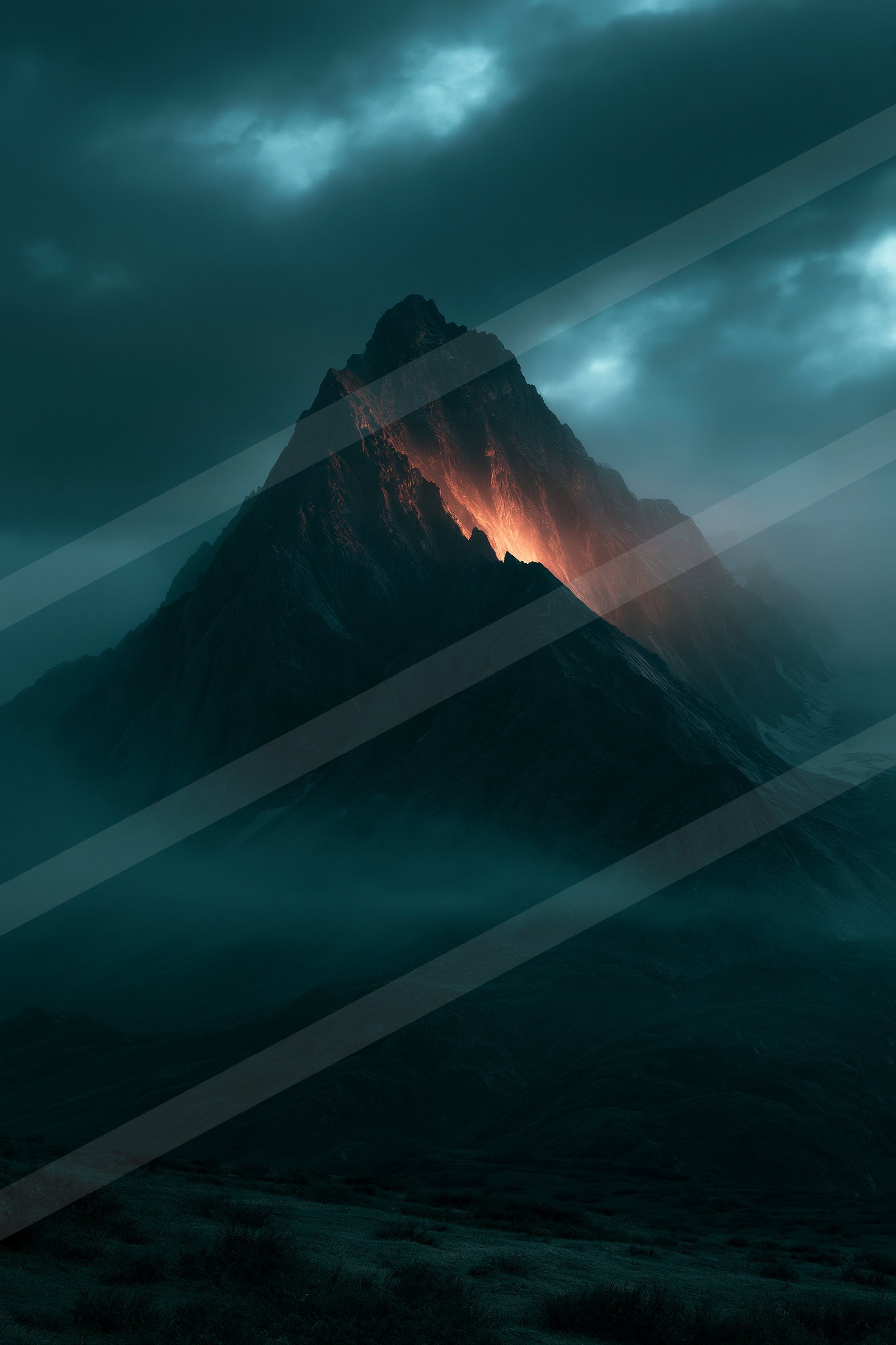 An ethereal landscape of a volcano, fire.