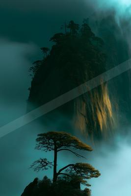 A dramatic nature scene of trees, mountains, fog.