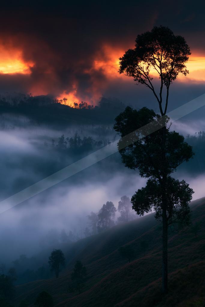 A dramatic panorama sky scene of a sunrise, fog.