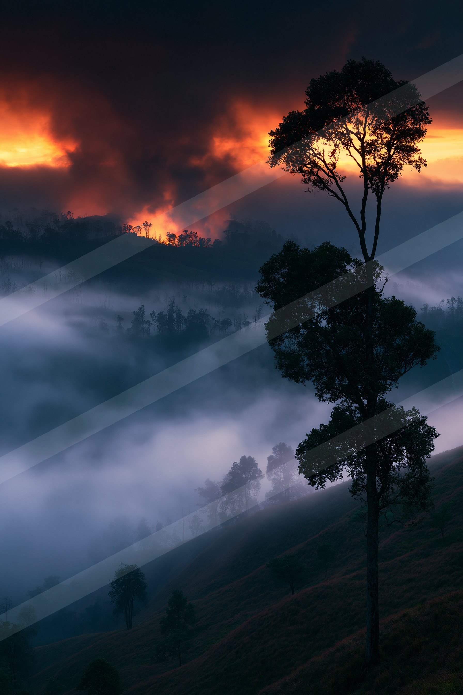 A dramatic panorama sky scene of a sunrise, fog.