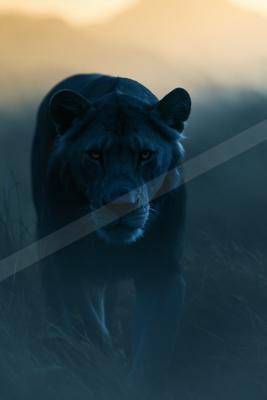 A black-toned moody photograph of lion, jaguar, cougar.