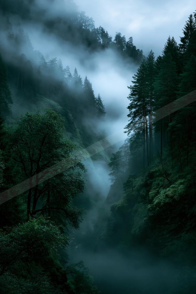 A serene nature scene of forest, valley, mountains.