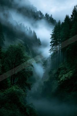 A serene nature scene of forest, valley, mountains.