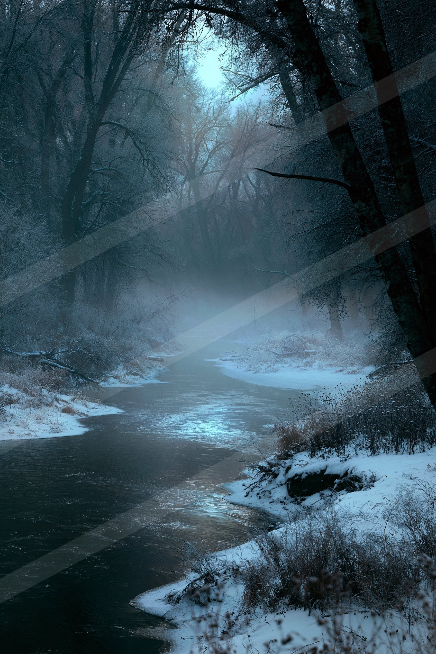 A mysterious water scene of a stream, fog.