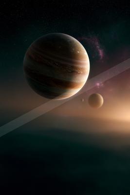 A massive gas giant planet dominates the foreground of a star-studded cosmic scene, accompanied by smaller moons. The background features a vibrant nebula with 