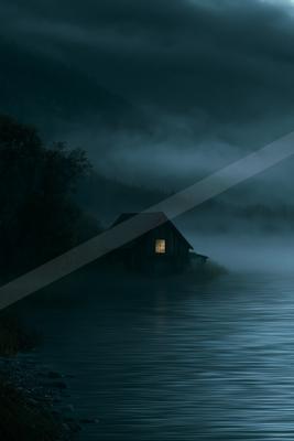 A night water scene of lake, fog.