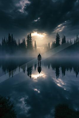 A night water scene of lake, reflection.