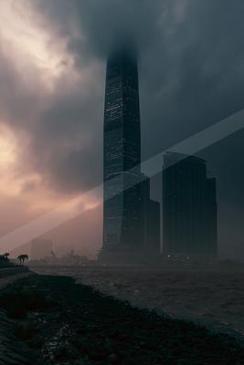 A dramatic street scene of city skyline, storm, clouds.