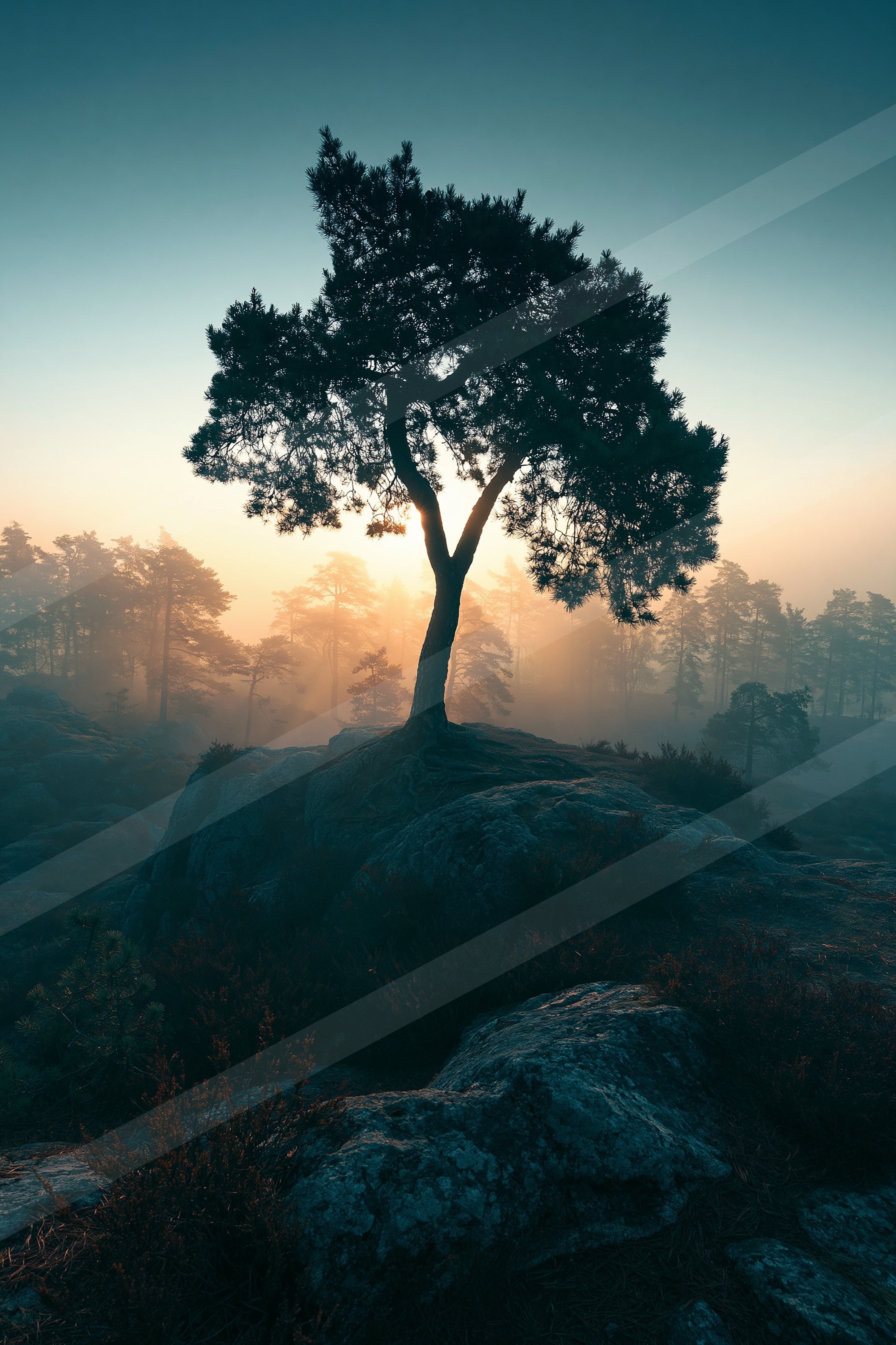 A lone pine tree stands prominently against a misty forest backdrop, silhouetted by the soft glow of dawn light.
