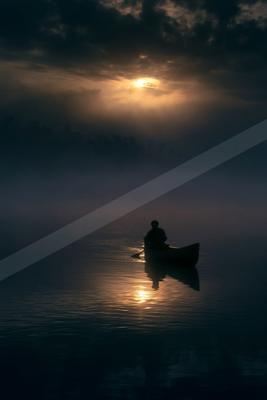 A black-toned moody photograph of canoe, paddle, gondola.