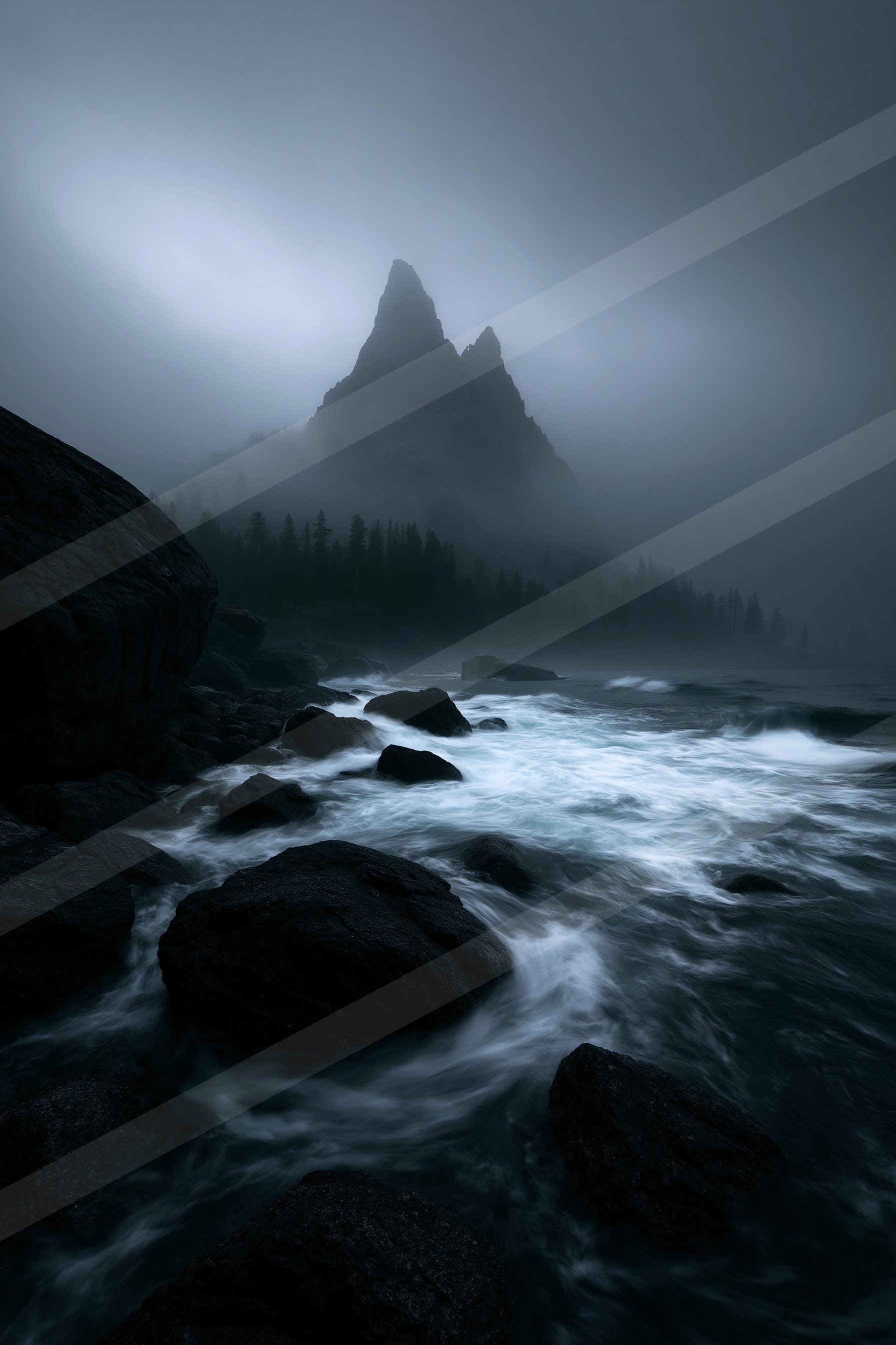 A mysterious long exposure water scene of an ocean, fog.