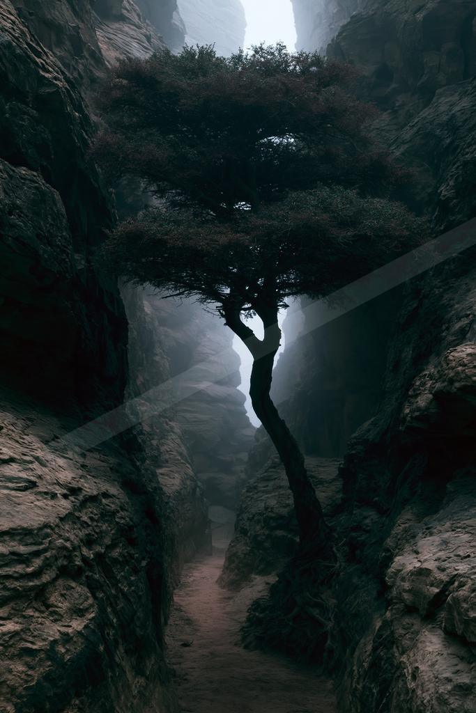 A black-and-white night nature scene of trees, forest, fog.