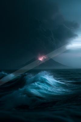 A dramatic sky scene of storm, ocean, clouds.