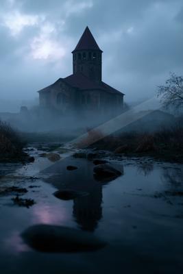 An old stone church with a tall conical tower stands in thick fog, its reflection visible in a rocky stream in the foreground under a moody blue sky.