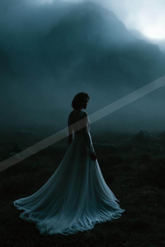 a silhouette of a woman in an elegant gown standing amidst a misty mountain landscape