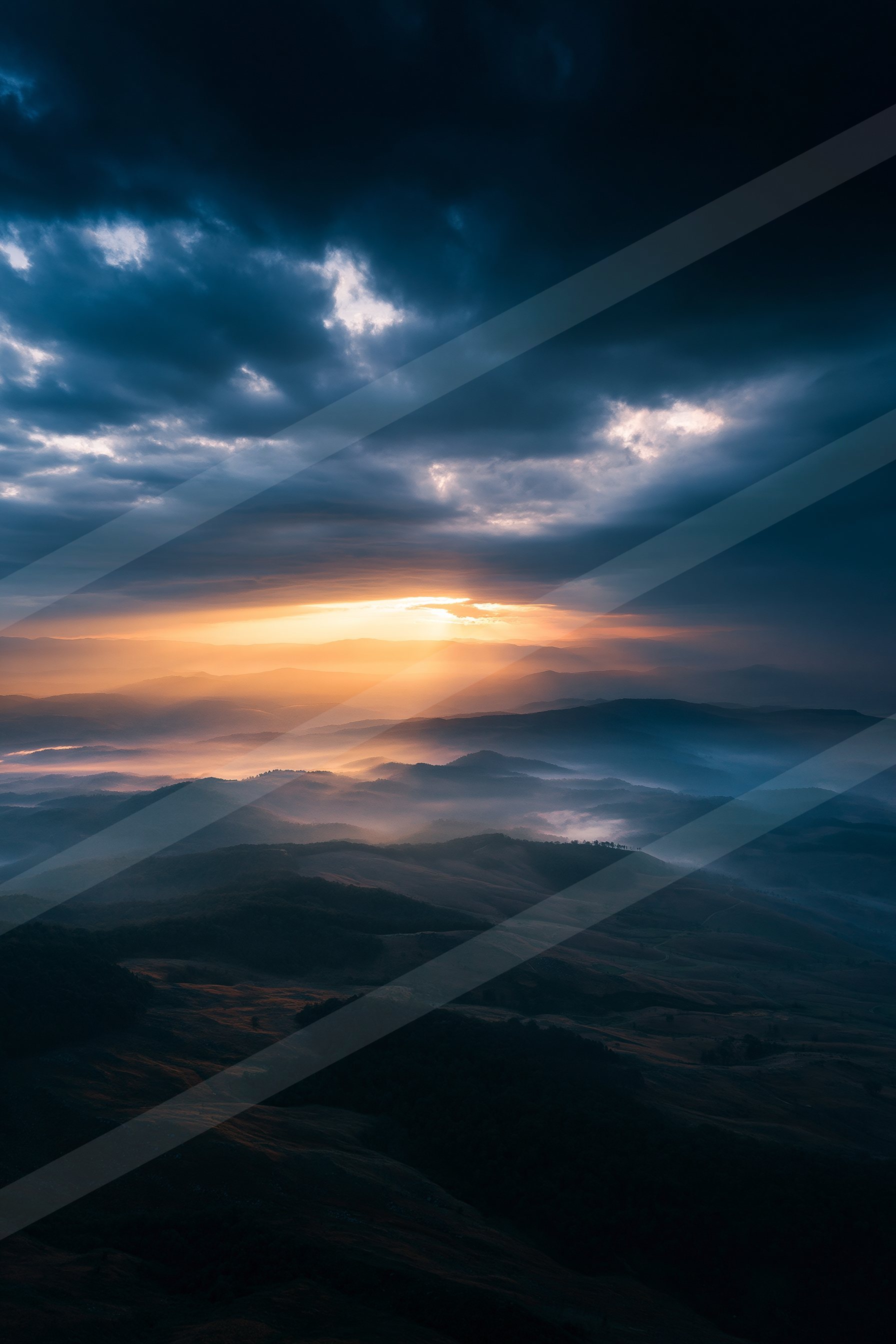 A blue hour panorama sky scene of a sunrise, fog.
