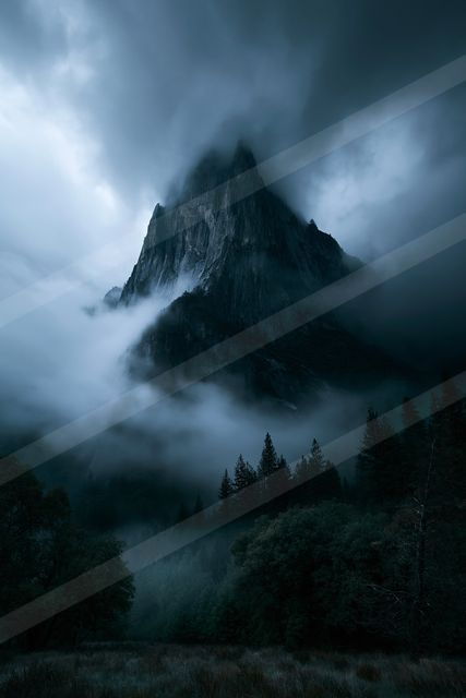 A mysterious long exposure landscape of a mountains, fog.