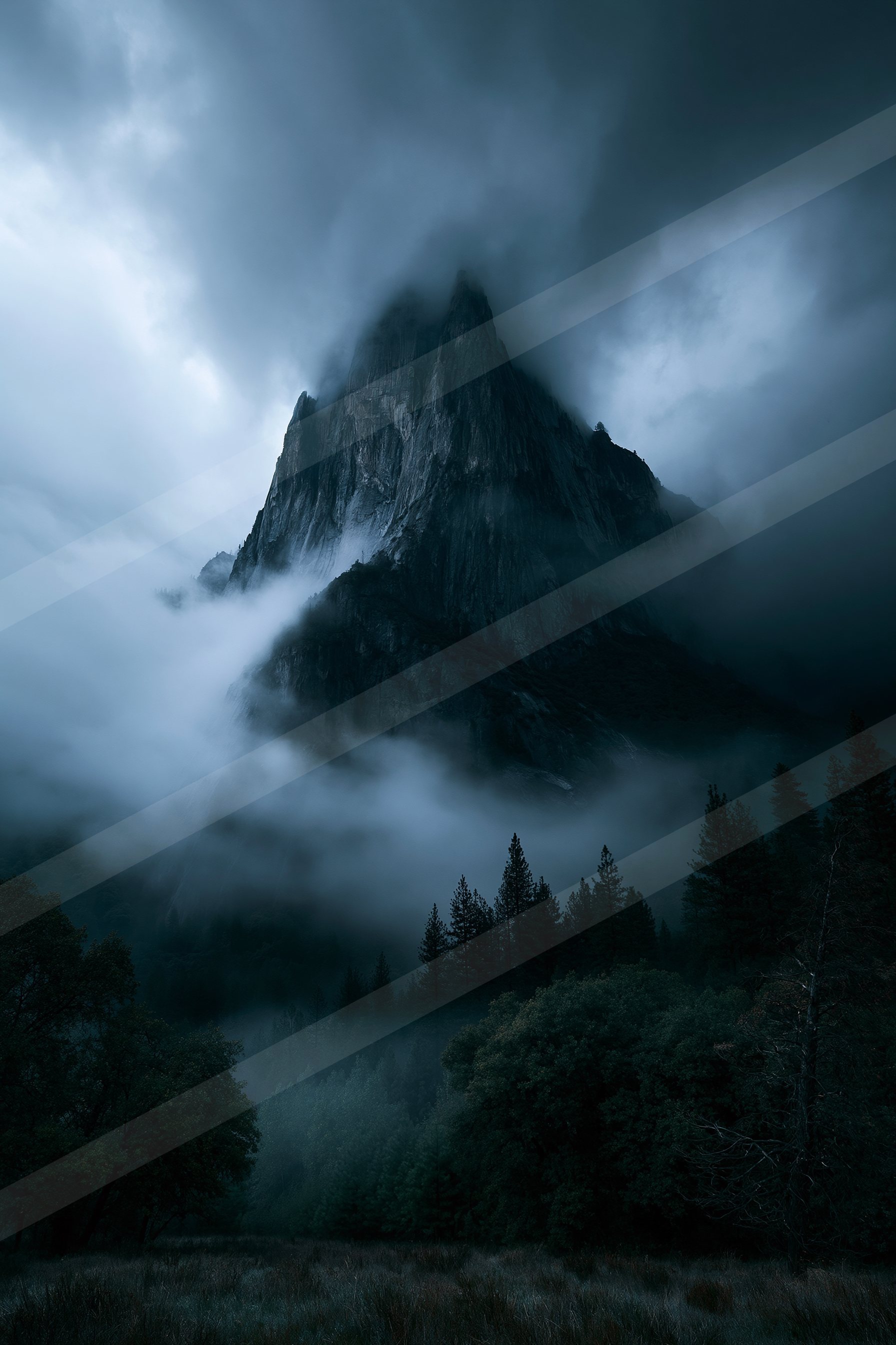 A mysterious long exposure landscape of a mountains, fog.