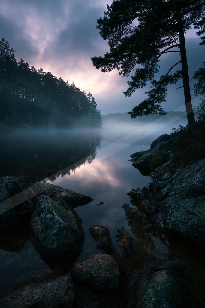 A night long exposure water scene of lake, river, sunrise.