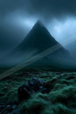 A sharp, dark mountain peak rises through thick fog and low clouds above a windswept moorland with green grass, purple heather, and a large foreground rock.