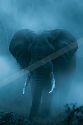 A large elephant with prominent tusks stands amidst a dense foggy forest, creating an atmospheric and mysterious scene.
