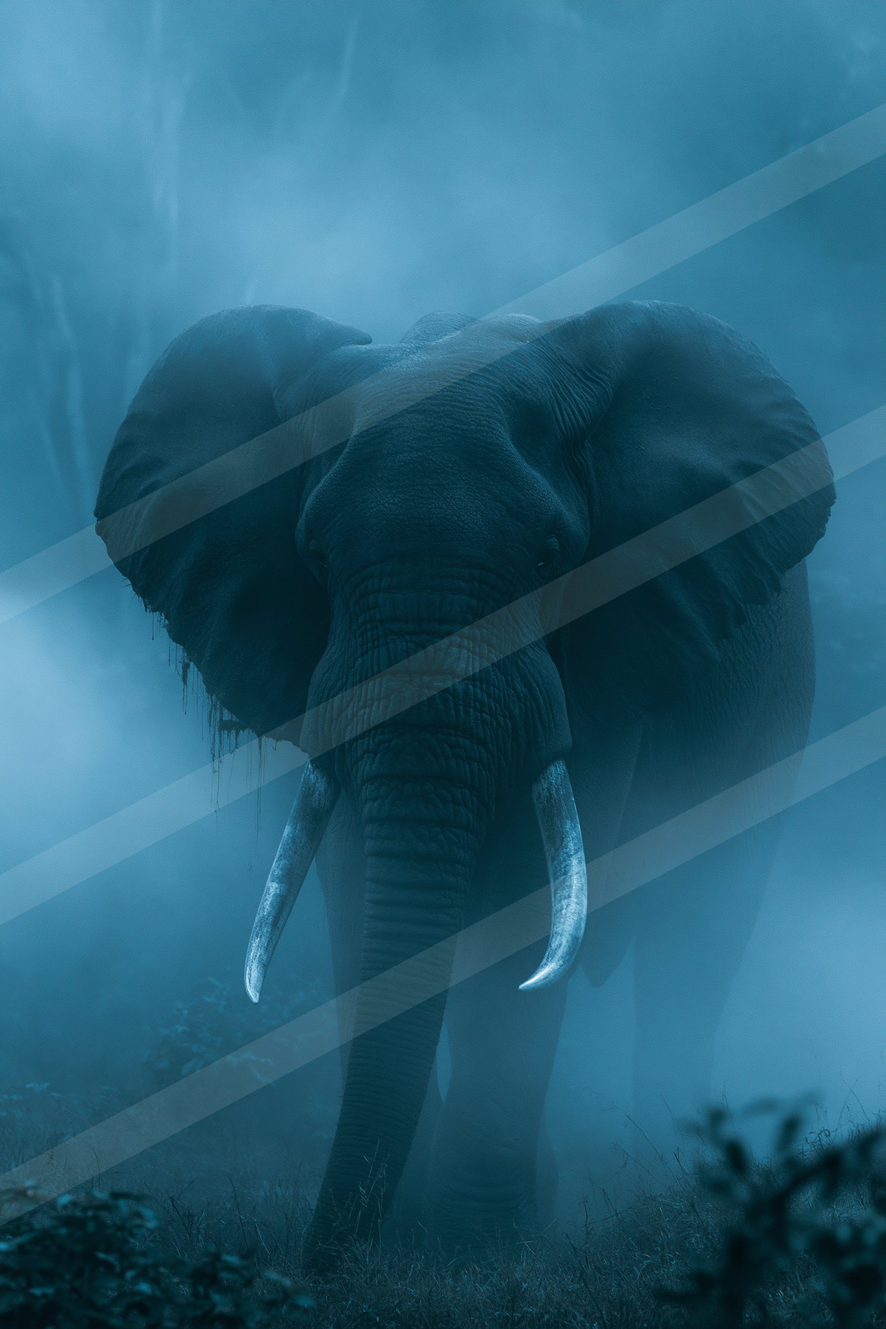 A large elephant with prominent tusks stands amidst a dense foggy forest, creating an atmospheric and mysterious scene.