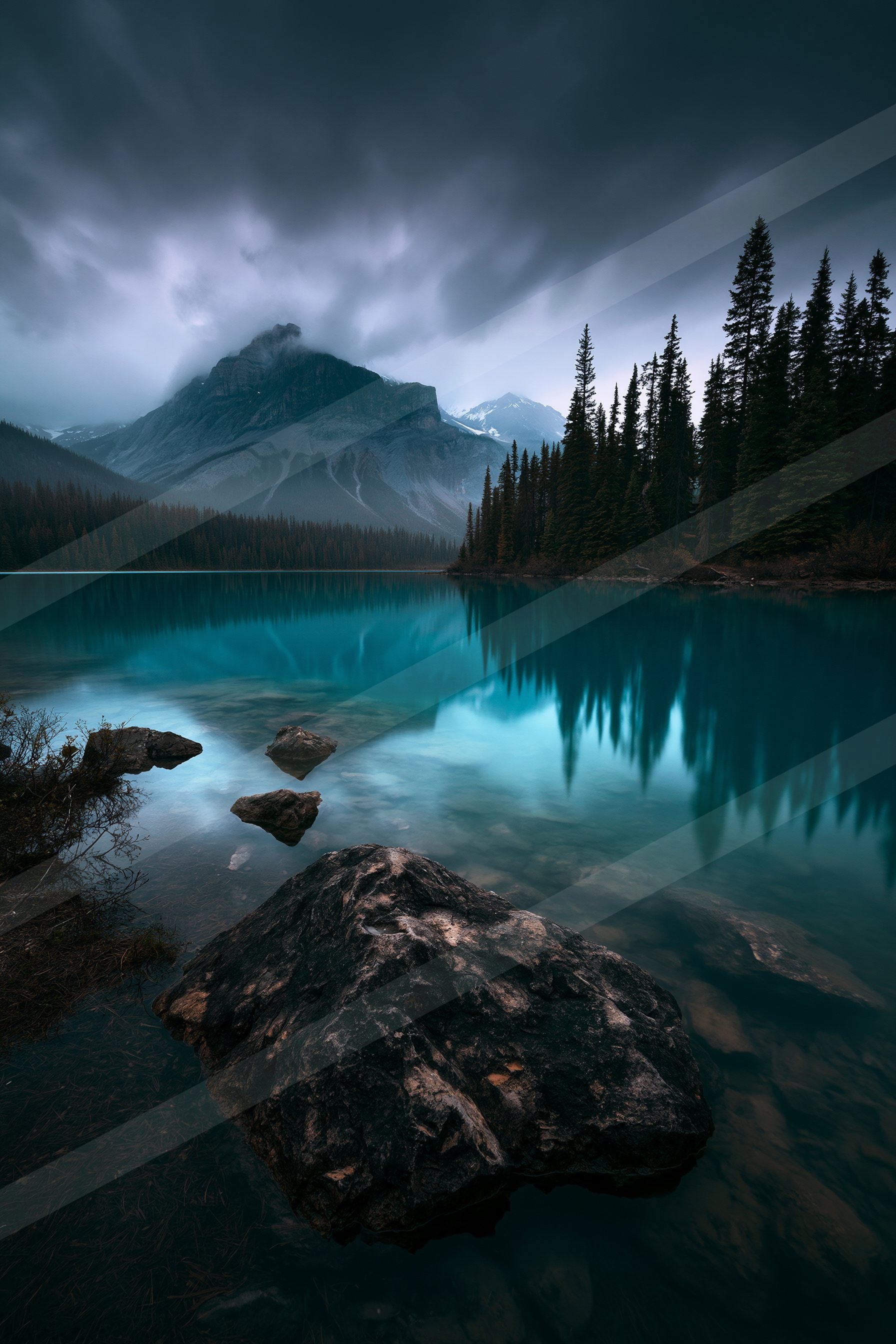 A serene turquoise lake surrounded by dark, rocky shores and evergreen trees, reflecting a dramatic mountain range under an overcast sky.