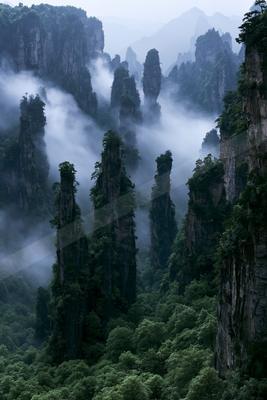 A moody landscape of mountains, forest, valley.