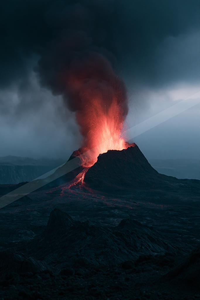 A powerful volcanic eruption at night, with bright red lava exploding from the crater and flowing down the mountainside, billowing dark smoke into the sky.