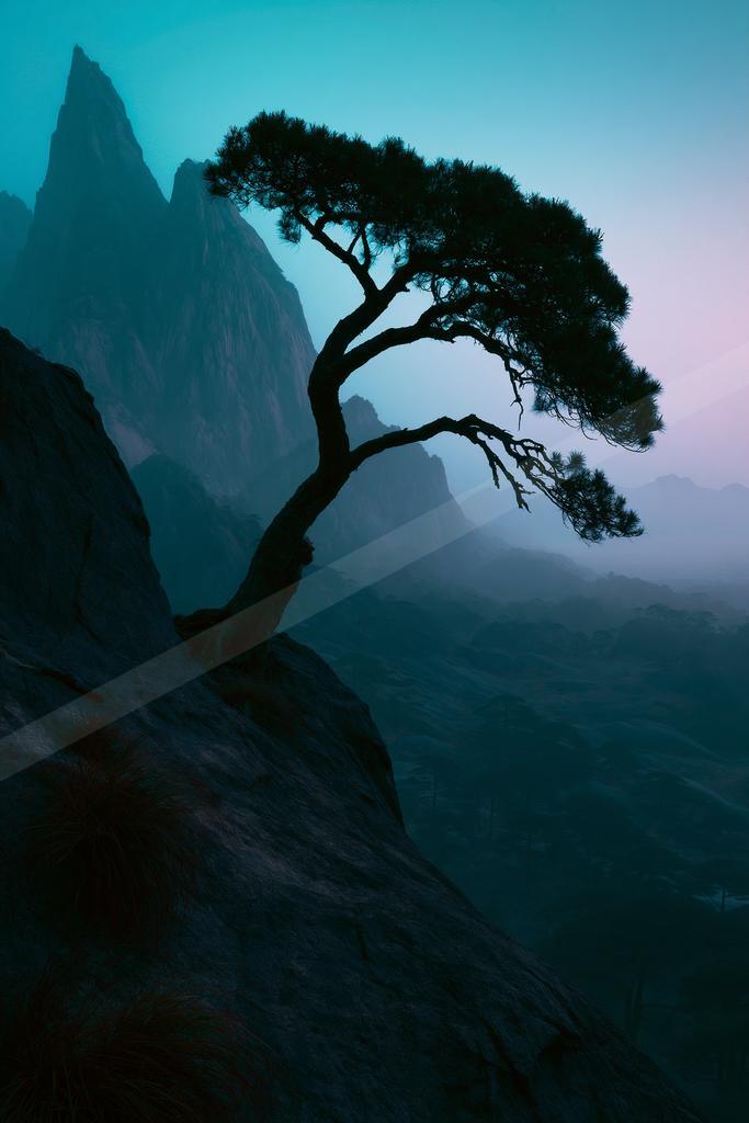 A blue hour nature scene of trees, mountains, silhouette.