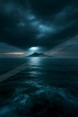 A blue hour water scene of ocean, storm.