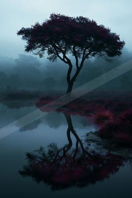 An ethereal high contrast nature scene of a pine tree, reflection.