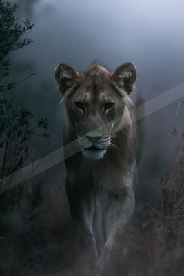 A lioness with golden eyes walks directly toward the camera through dense fog in a grassy landscape with dark bushes.