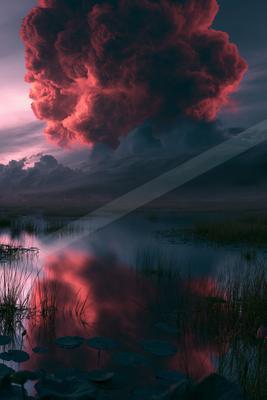 A dramatic sky scene of clouds, storm, lake.