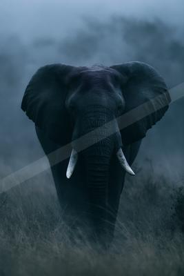 A large African elephant with prominent tusks walks directly toward the camera through tall dry grass in a foggy, atmospheric landscape.